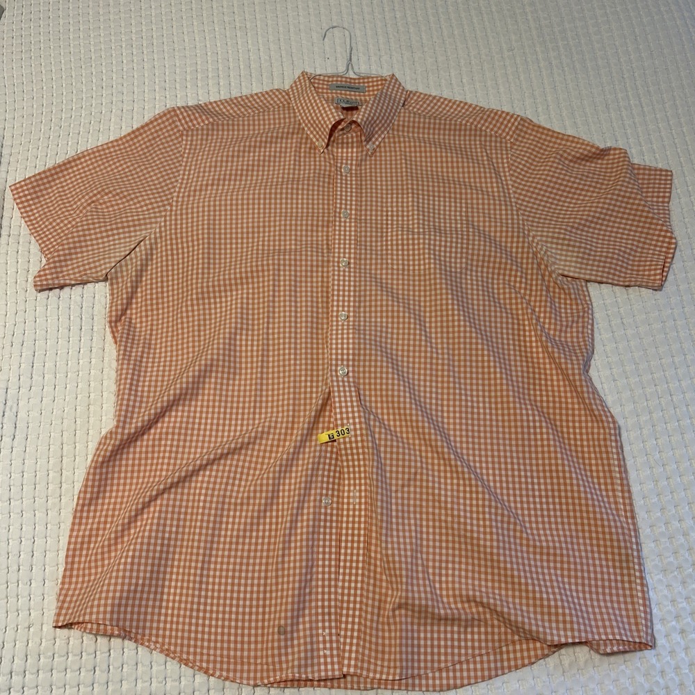 L.L. Bean XXL-Tall Orange Check Button Down Men's Short Sleeve Cotton Shirt